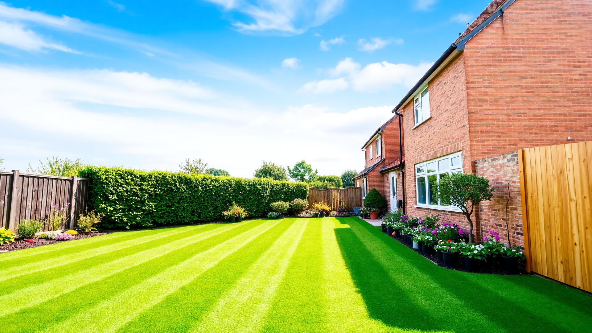 A tidy, well-kept residential garden with a freshly mowed striped lawn and trimmed hedges